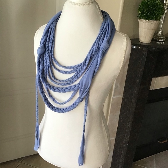NEW Scarf Necklace Blue Multi Loop Braid Tassel Knot Multi Loop SOFT Knit Boho - Picture 4 of 9